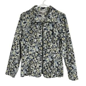 Christopher & Banks Womens Large Yellow Blue Abstract Zip Up Jacket Pockets